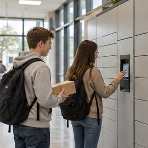 Wizualizacja koncepcyjna: Automat skrytkowy przy instytucji publicznej — geodezja i gospodarka nieruchomościami.