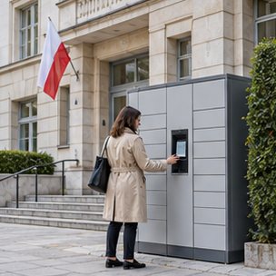 Wizualizacja koncepcyjna: Automat skrytkowy przy instytucji publicznej — sprawy administracyjne powiatu.