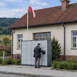 Wizualizacja koncepcyjna: Automat skrytkowy przy instytucji publicznej — odbiór przez pełnomocnika.